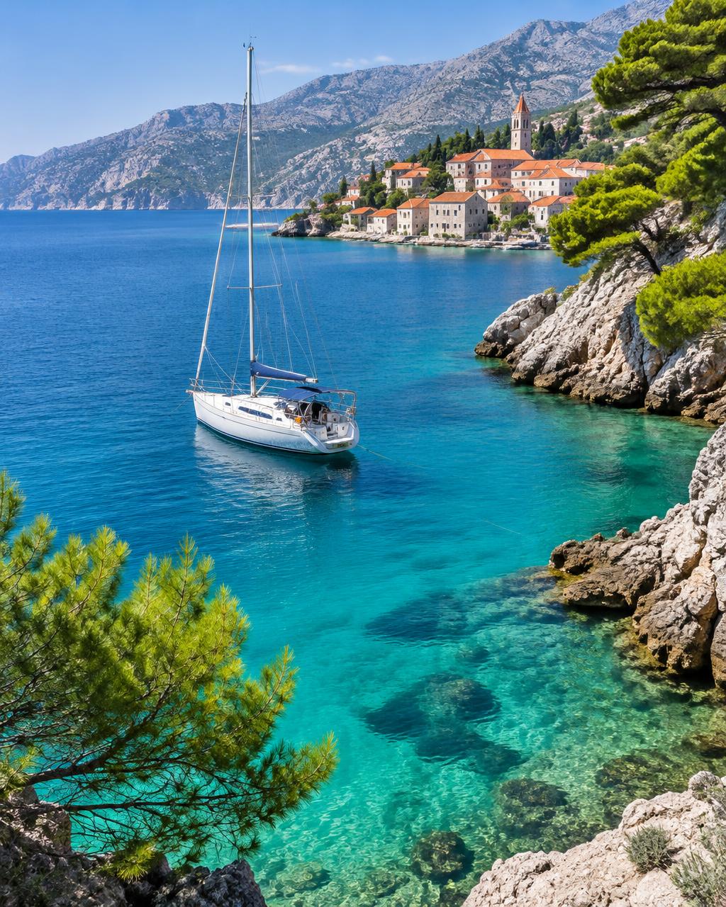 Voilier dans une crique turquoise de la côte dalmate en Croatie