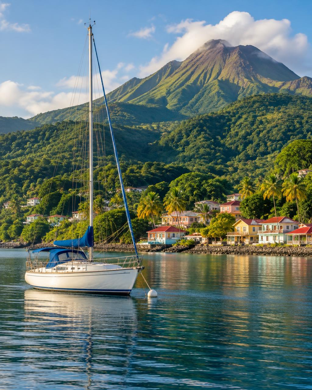 Voilier au mouillage devant la Soufrière en Guadeloupe
