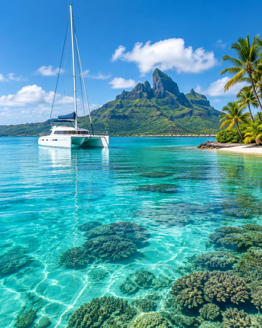 Catamaran au mouillage dans le lagon de Bora Bora en Polynésie française