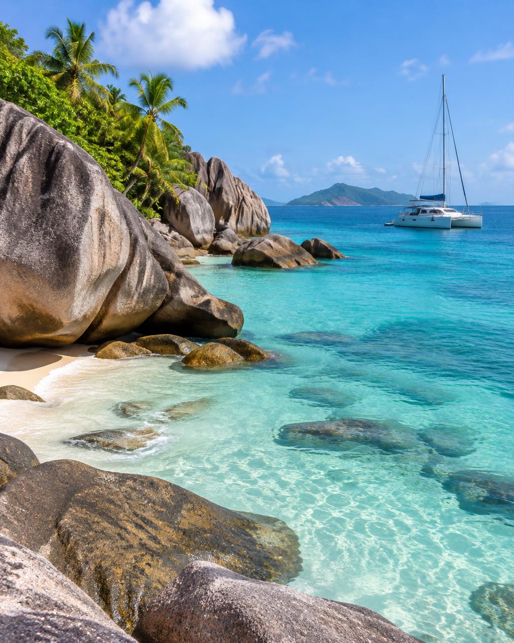 Catamaran au mouillage dans le lagon des Seychelles