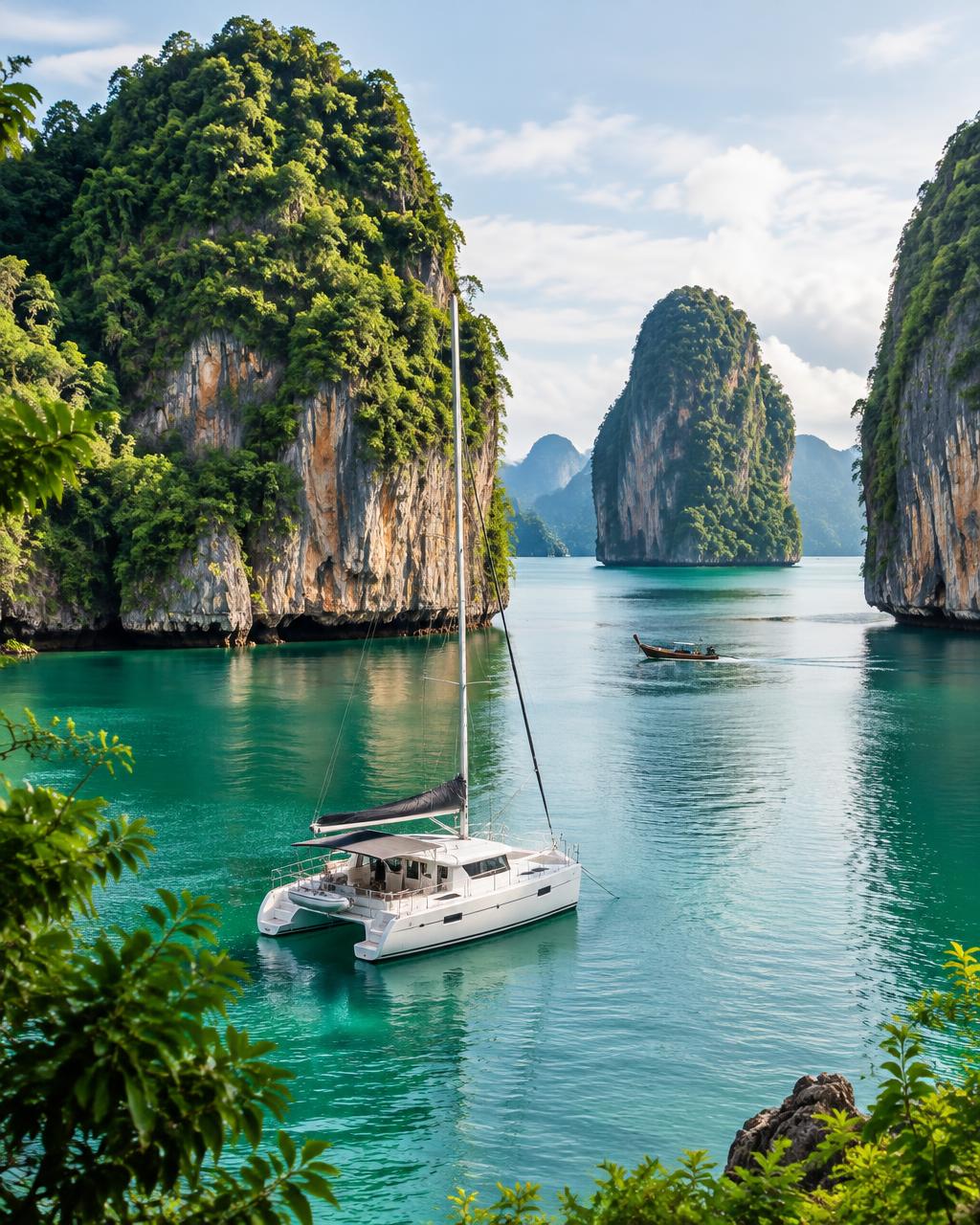Catamaran au mouillage entre les falaises de Phang Nga en Thaïlande